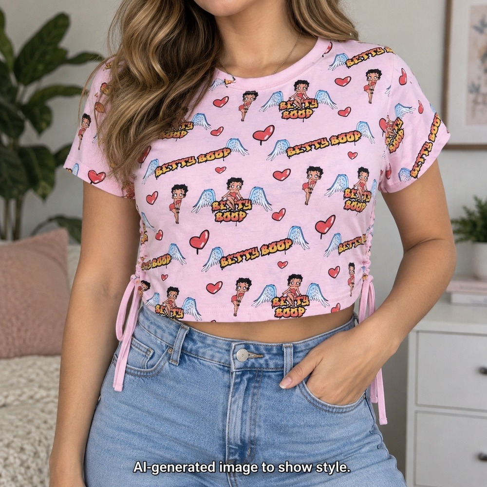 Betty Boop Women's XL Pink Crop Top Lace Up Y2K TShirt 100% Cotton Angel Hearts